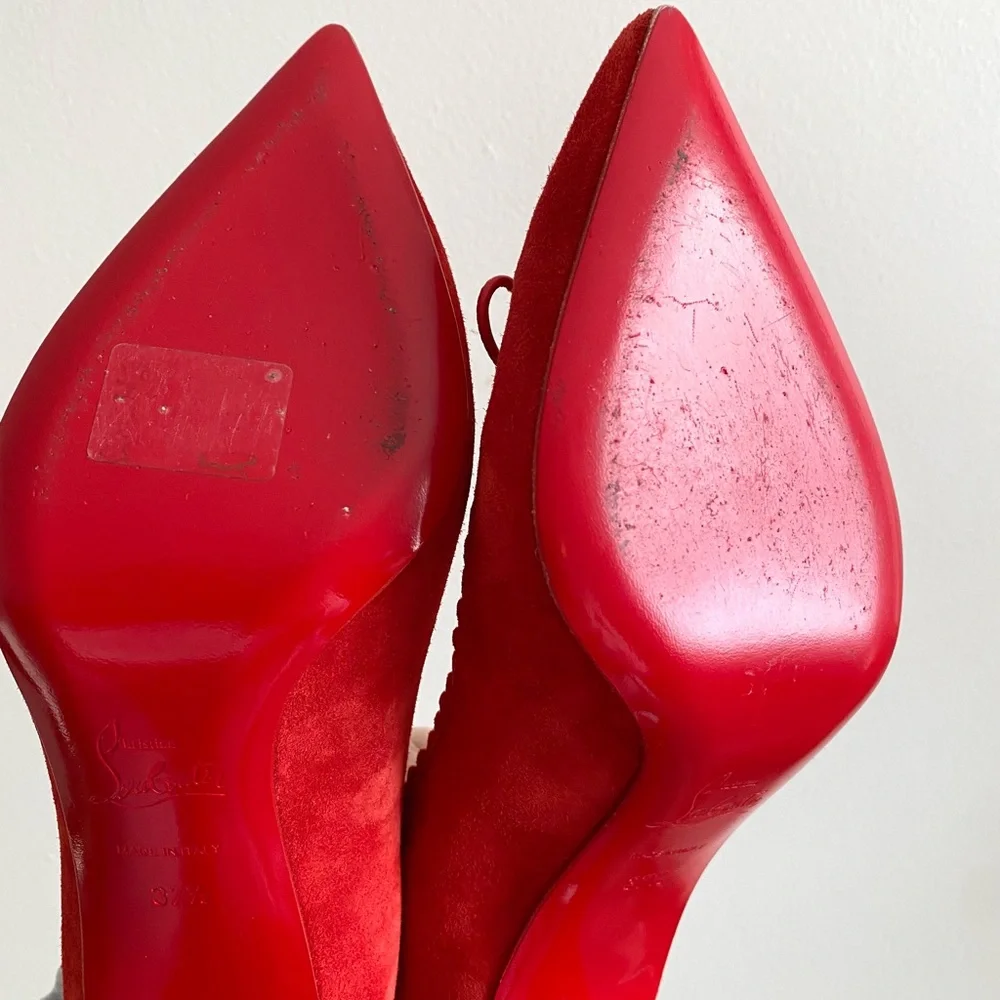 Christian Louboutin Cherry Red Scalopump 85MM Fraise Suede Heels 37.5 - Picture 9 of 12